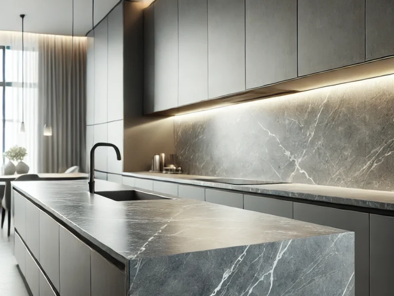 DALL·E 2025-02-04 11.20.04 - A realistic image of a Tundra Grey stone countertop installed in a modern kitchen. The countertop has a smooth, polished surface with natural veining