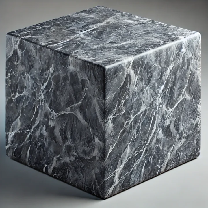 DALL·E 2025-01-29 13.44.22 - A realistic 3D-rendered cube with the exact texture and pattern of Tundra Dark marble. The cube should have no background (transparent PNG) and featur