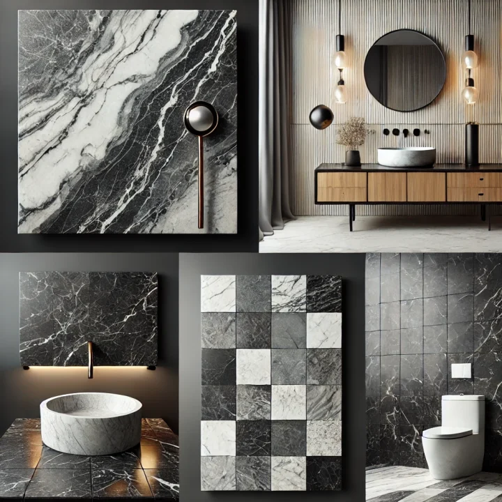 DALL·E 2025-01-29 15.02.47 - A set of realistic, high-quality product images showcasing Tundra Dark marble in various forms. The images should include__1. A polished slab with a c