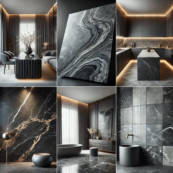 DALL·E 2025-01-29 15.04.51 - A set of high-quality product images showcasing Tundra Dark Grey marble in various elegant forms. The images should include__1. A polished slab with a
