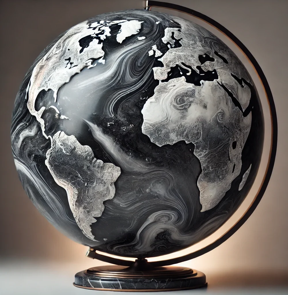 DALL·E 2025-01-31 10.58.56 - A stunning globe made entirely of Tundra Dark marble, featuring deep grey and charcoal tones with elegant white veining forming the continents. The po DALL·E 2025-01-31 10.58.56 - A stunning globe made entirely of Tundra Dark marble, featuring deep grey and charcoal tones with elegant white veining forming the continents. The po