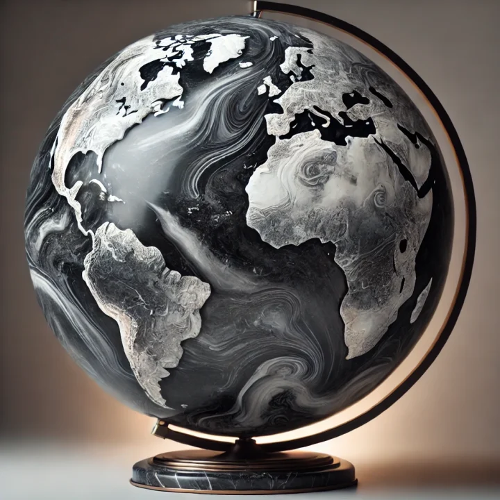 DALL·E 2025-01-31 10.58.56 - A stunning globe made entirely of Tundra Dark marble, featuring deep grey and charcoal tones with elegant white veining forming the continents. The po