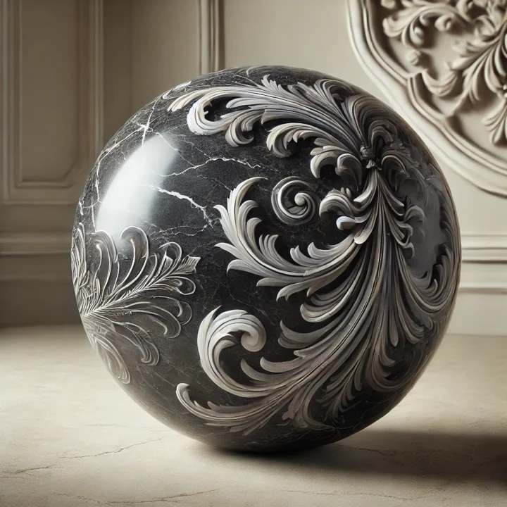 DALL·E 2025-01-31 10.59.29 - A luxurious decorative ornament made from Tundra Dark marble, featuring deep grey and charcoal tones with elegant white veining. The design is intrica