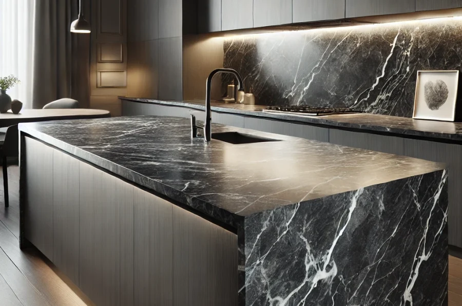 DALL·E 2025-01-31 11.25.44 - A modern kitchen featuring a sleek and realistic countertop made of Tundra Dark marble. The countertop is of standard thickness, polished to perfectio DALL·E 2025-01-31 11.25.44 - A modern kitchen featuring a sleek and realistic countertop made of Tundra Dark marble. The countertop is of standard thickness, polished to perfectio