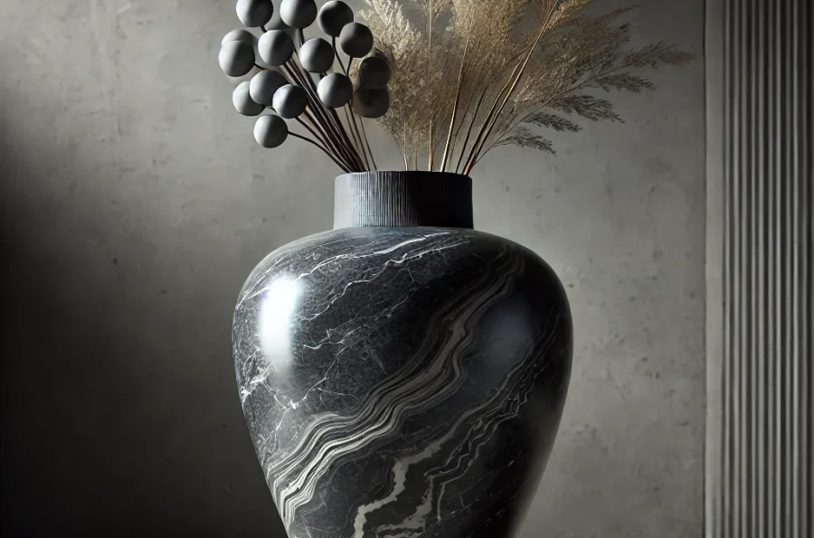 DALL·E 2025-01-31 11.27.43 - A luxurious decorative vase made from Tundra Dark marble, featuring deep grey and charcoal tones with elegant white veining. The design is sleek and m DALL·E 2025-01-31 11.27.43 - A luxurious decorative vase made from Tundra Dark marble, featuring deep grey and charcoal tones with elegant white veining. The design is sleek and m