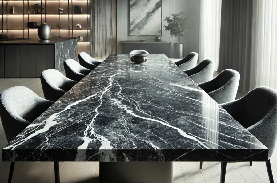 DALL·E 2025-01-31 11.29.06 - A luxurious dining table made from Tundra Dark marble, featuring deep grey and charcoal tones with elegant white veining. The table has a sleek, polis DALL·E 2025-01-31 11.29.06 - A luxurious dining table made from Tundra Dark marble, featuring deep grey and charcoal tones with elegant white veining. The table has a sleek, polis